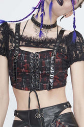 T-shirt punk pour femme en tartan écossais noir/rouge à épaules dénudées avec bretelles en cuir brillantes et laçage en dentelle